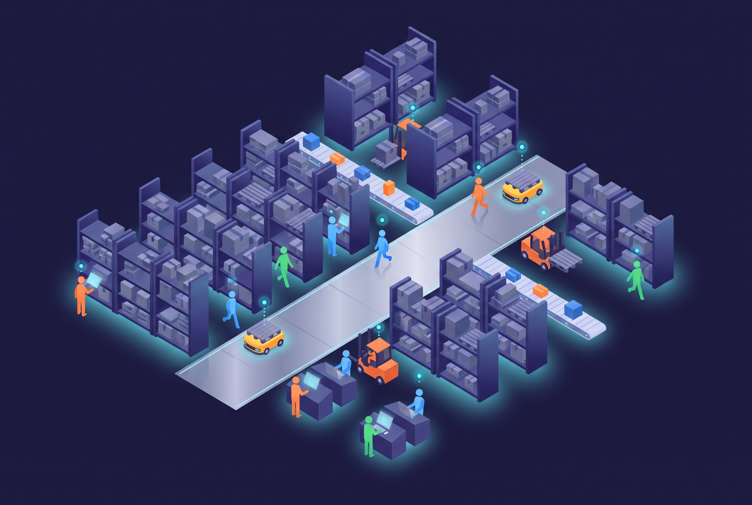 Isometric 3D warehouse digital twin with embodied AI workers